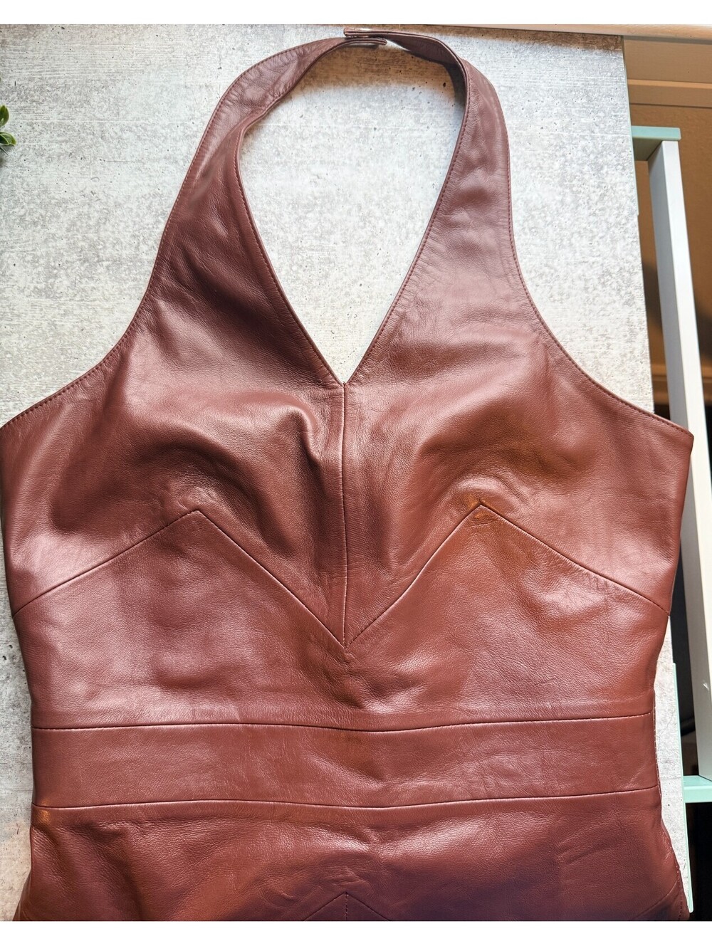 Designer Quality Brown Leather Halter Dress, Retro 80's Style Size XS RARE! - Picture 1 of 15